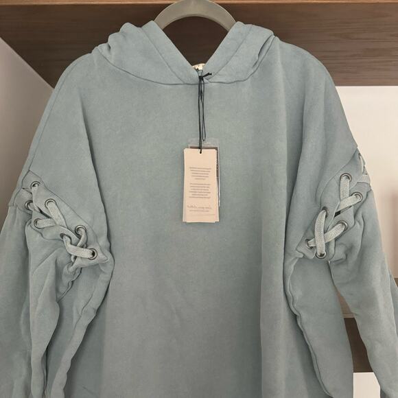 Avocado Lace Up Sleeve Hooded Sweatshirt in Light Blue - Picture 2 of 5